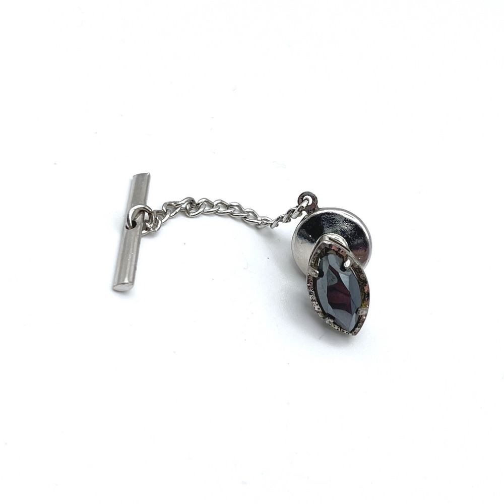 Vintage Hematite Marquise Tie Tac Silver Tone with Security Chain T-Bar Mens